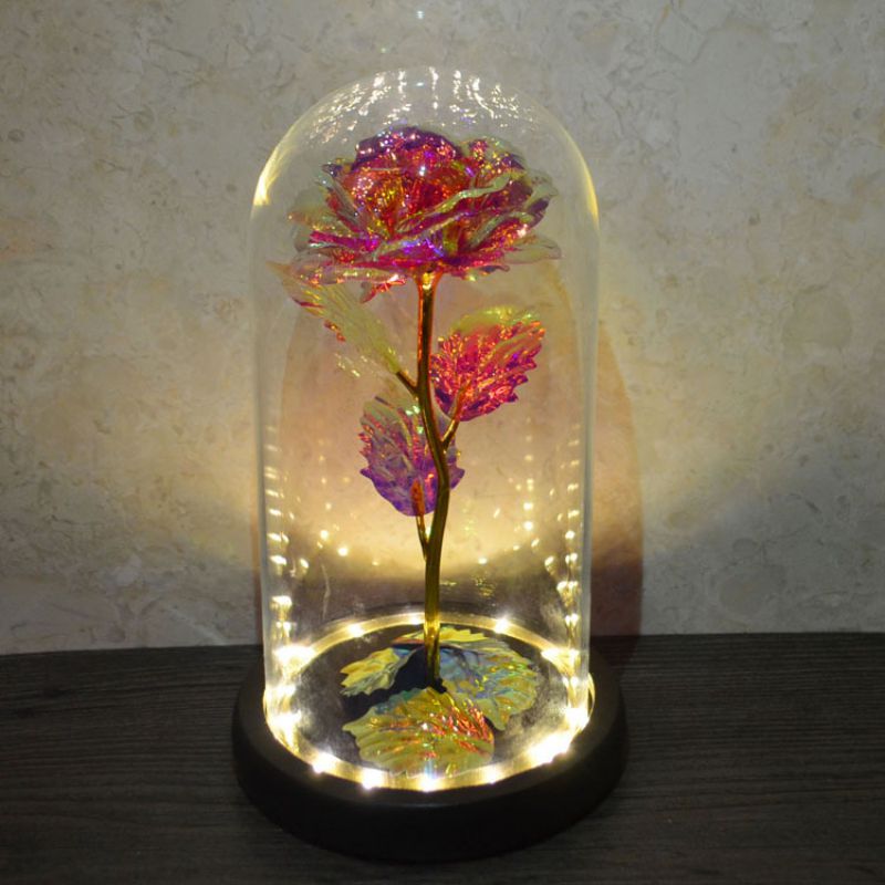 

Red Rose gift In Glass Dome Wooden Base For Decorate Valentine's Day Gifts Christmas LED Rose Lamps Flower, White