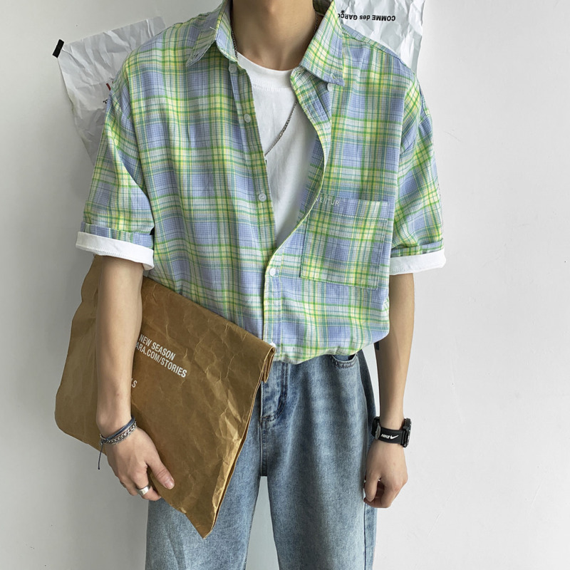 

2020 Summer And Autumn New Korean Couple Loose Plaid Cotton Thin Section Casual Short-sleeved Shirt Large Size, Lan gewen