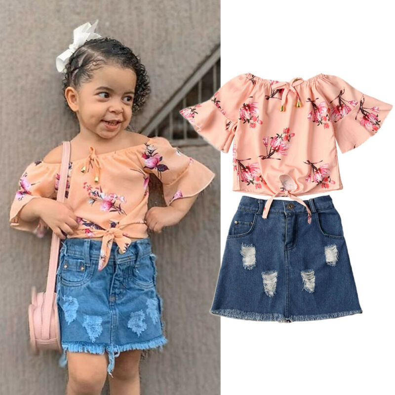

2020 Kids Baby Girls Clothes Summer Sets Flare Sleeve Off Shoulder Tops Floral T-Shirt Holes Denim Ripped Skirt Girl Sets 1-6Y, Pink