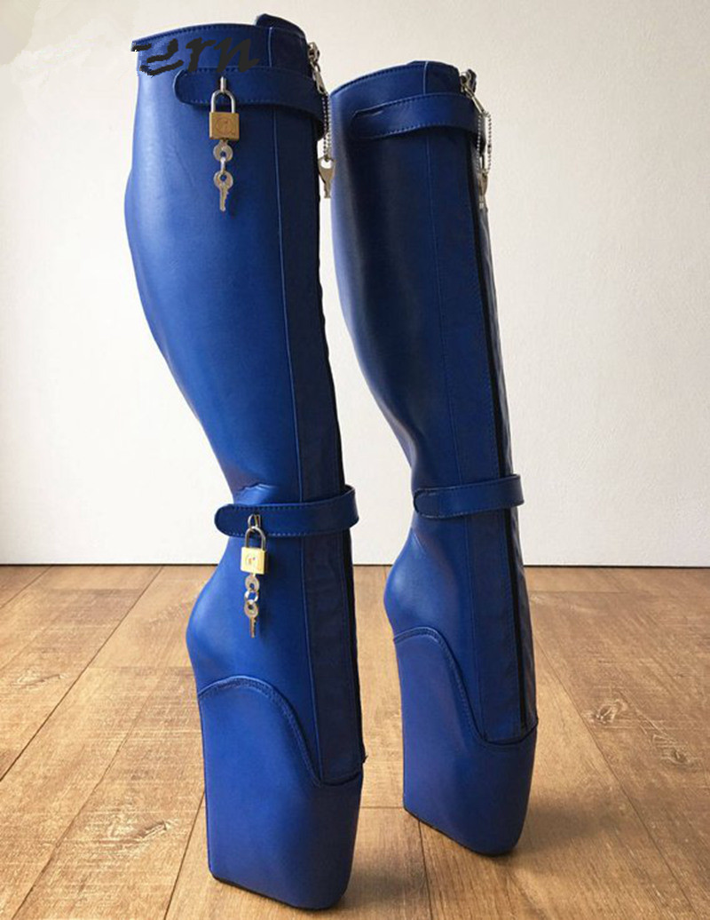 

2019 Women Ballet Wedges Fall Boots Blue Knee High Punk Shoes Matte Blue Custom Wide Calf Fit Boots Heels With Zip Plus Size
