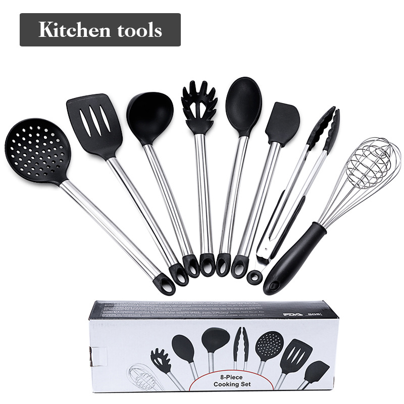 

8pcs Stainless Steel Cookware Set Silicone Cookware Egg Beater Food Clip Colander Soup Spoon Scraper Spatula Kitchen Cooking Tool VT1679