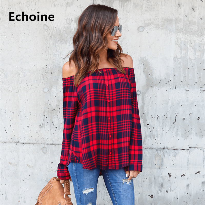 

Womens Plaid Shirt Blouse Sexy Off Shoulder Blouse Tops Camisa Feminina Woman Autumn Long Sleeve Chemise Femme Shirt, Red plaid shirt