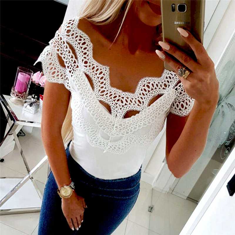 

Elegant Women Cold shoulder Blouse Lace Patchwork Slim Shirt Casual Solid Color Slash Neck Top Ladies Sleeveless Tops
