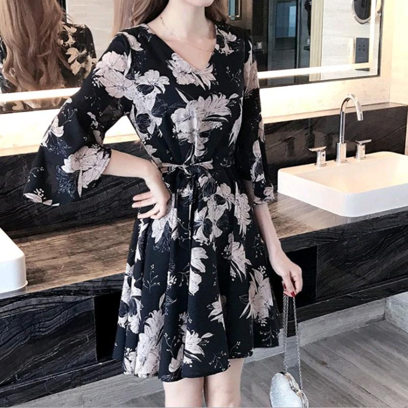 

Sexy Womens V-Neck Dress Black Print Ruffle Sleeve Vestido 2020 Bodycon Evening Party Clubwear Waist Mini Dress Fashion