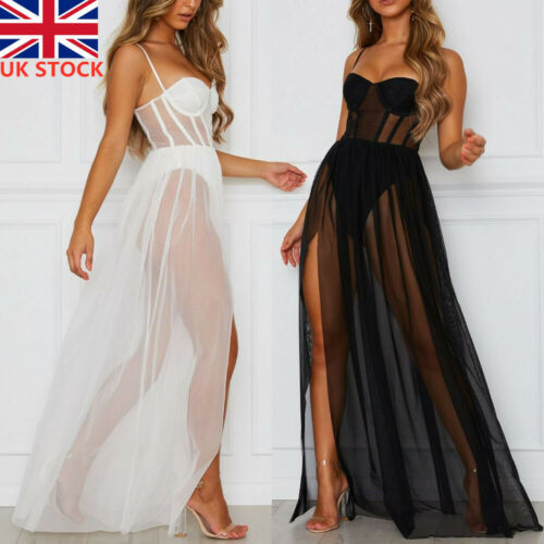 

Womens Dress Summer Volie Sundress Sexy See Through Black Perspective Mesh Gauze Sleeveless Backless Party Long Maxi Dress Girls