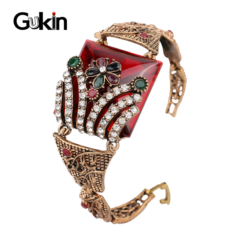 

Gukin Vintage Jewelry Red Big Women's Bracelets Antique Gold Color Colorful Resin Boho Bracelet Bijouterie 2020 New Accessories