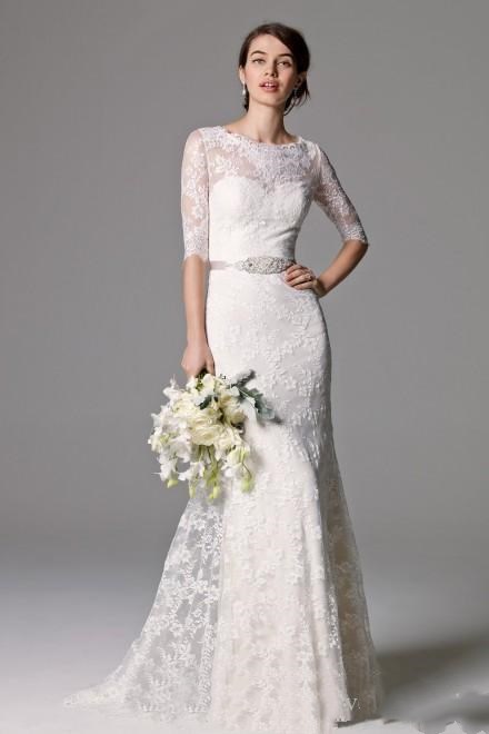 

Vintage Lace Wedding Dresses with Beaded Ribbon Buttons Back Gowns Half Sleeves Dress, Ivory