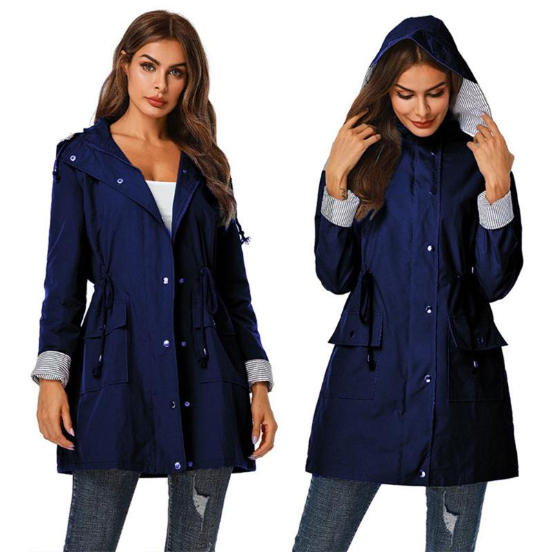 

2020 Women Long Rain Jacket Outdoor Hoodie Raincoat Impermeable Windproof Overcoat Long Coat Jackets Plus Size Windbreaker W2043, Black