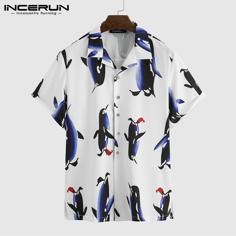 

Summer Printed Men Shirt 2020 Streetwear Lapel Short Sleeve Beach Stylish Hawaiian Shirt Button Leisure Camisas Hombre INCERUN, Gray shirt