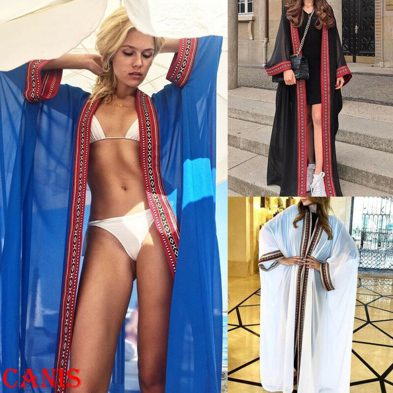 

Women Kimono Cardigan Bikini Cover Up Smock Kaftan Beach Swim Blouse Long Dress /BY