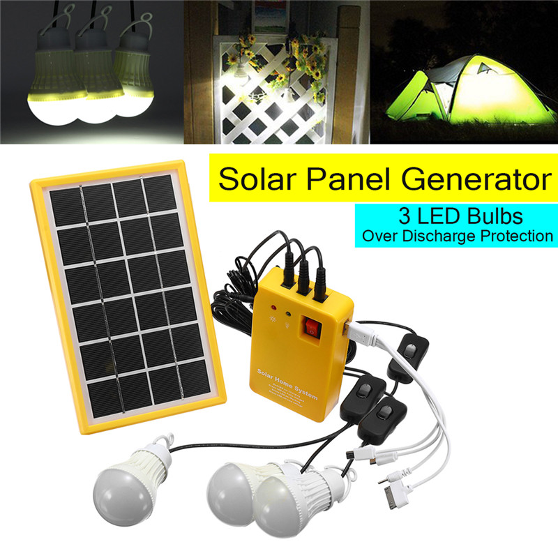 

5V USB Charger Home System Solar Power Panel Generator Kit with 3 LED Bulbs Light Indoor/Outdoor Lighting Over Discharge Protect