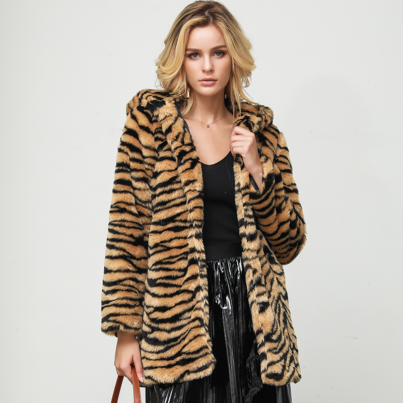 

Women' Autumn Winter Hooded Coat Fashion Tiger Pattern Leopard Printed Loose Thick Warm Pockets Faux Fur Coats Female Outwear, As pic