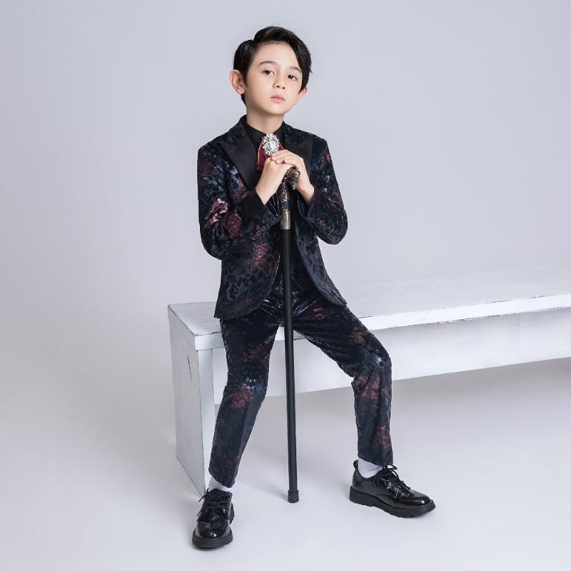 

YuanLu 2020 Kids Suit For Boy Velvet Coat Blazer Toddler Jacket Silm Fit For Wedding Party Autumn Winter Flower Clothes, 3pcs