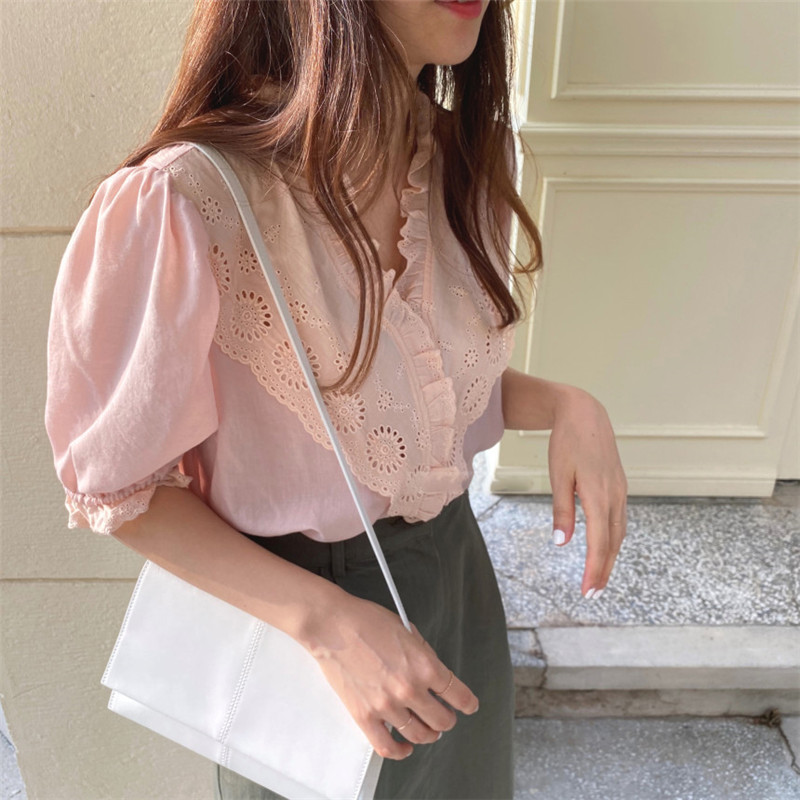 

2020 Chic Fashionable Solid Print Floral Sweet Girl Hollow Out Elegant Fashion Loose Fitted Blouses Hot Summer Light Shirts, Pink