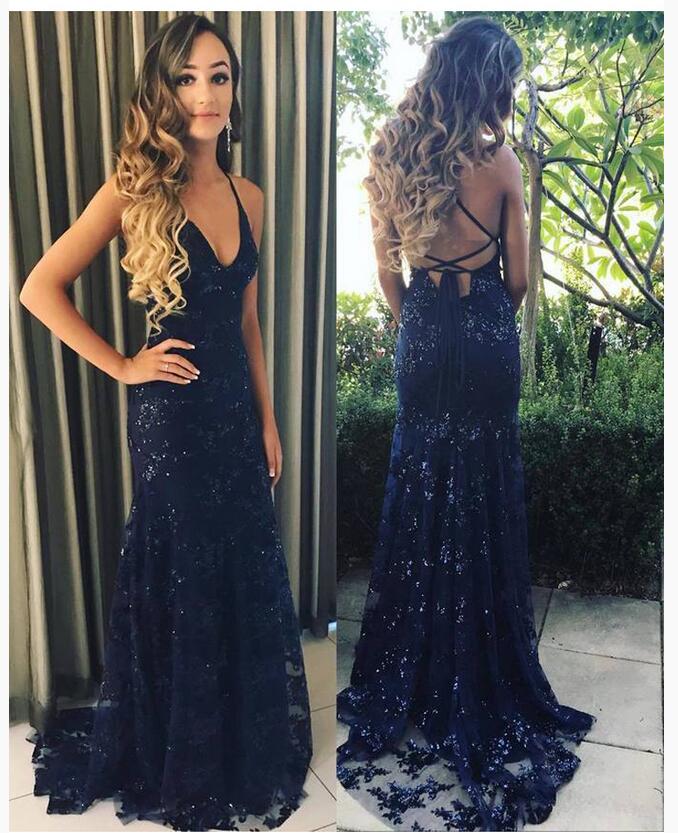 

2019 New Spaghetti Straps Sequined Lace Mermaid Prom Dresses High-quality Long Backless Criss Cross Floor Length Formal Party Evening Gowns, Same as picture