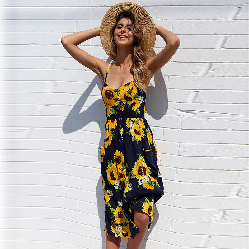 

New Fashion Floral Sleeveless Midi Dresses Women Print Summer V Neck Pockets Pleated Backless Button Dresses, Dark blue