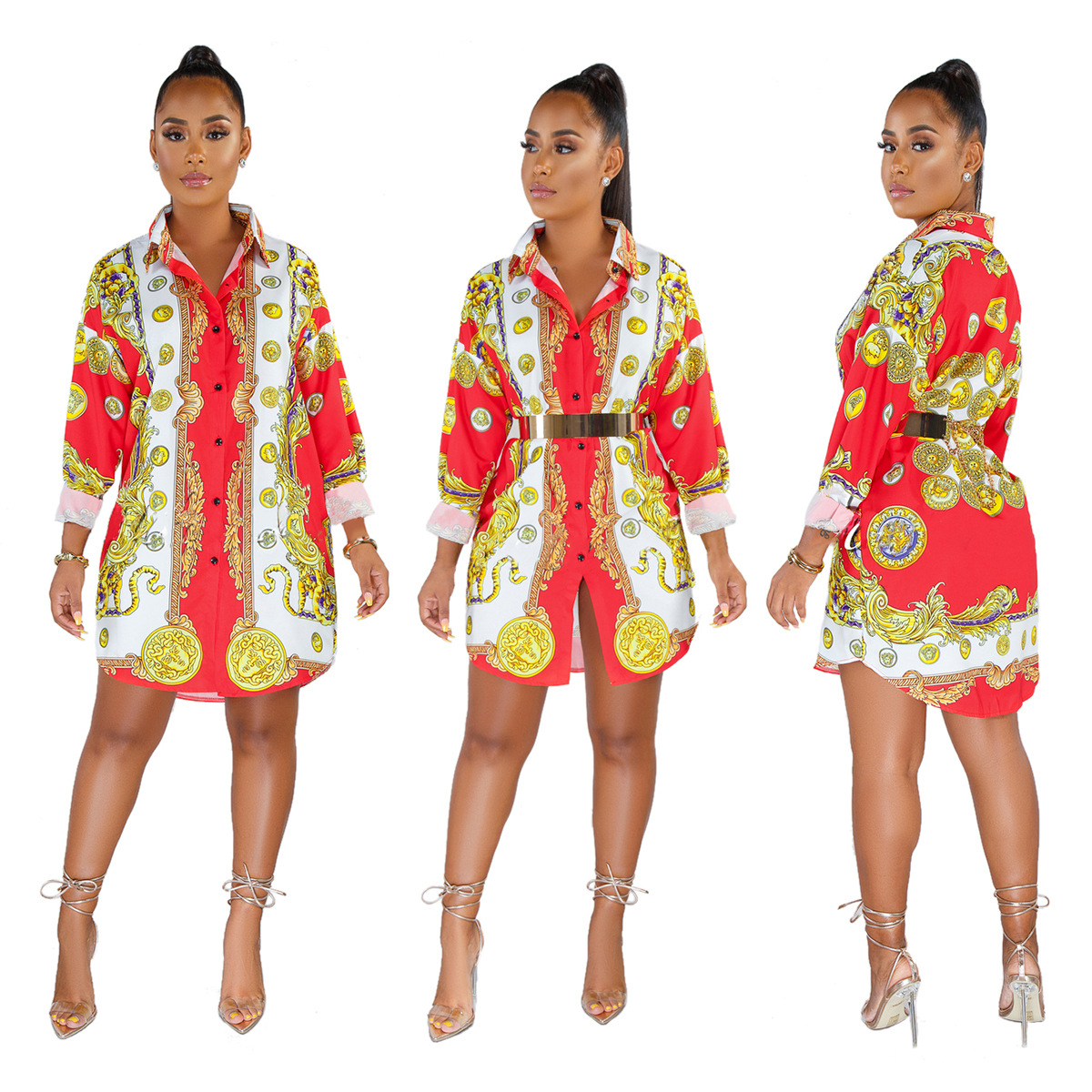

2019 HISIMPLE Loose African Women New Vintage Print Turn Down Neck Long Sleeve Mini Dress Shirt Casual Dresses Vestidos Casual Outfit S, Multi