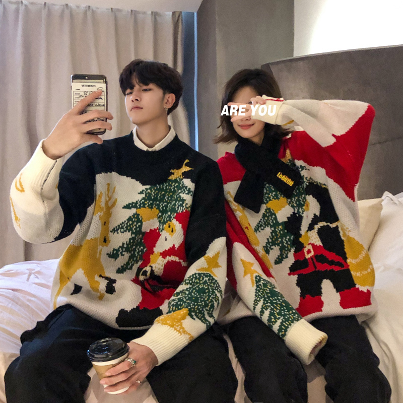 

2019 Autumn And Winter New Trend Couple Thickened Round Neck Pullover Fashion Casual Printed Loose Sweater Black / Red -XL