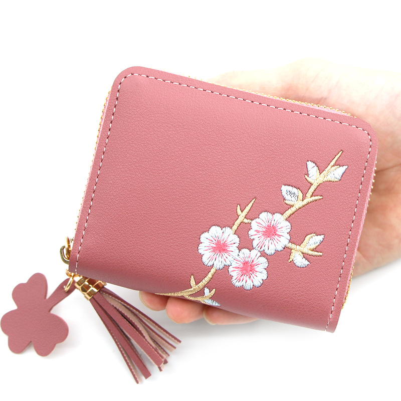 

Wallets Women Wallet Fashion Pu Leather Clutch Bag Embroidered Purse Flower Pattern Small Coin Handbag Minimalist, Pink-hua