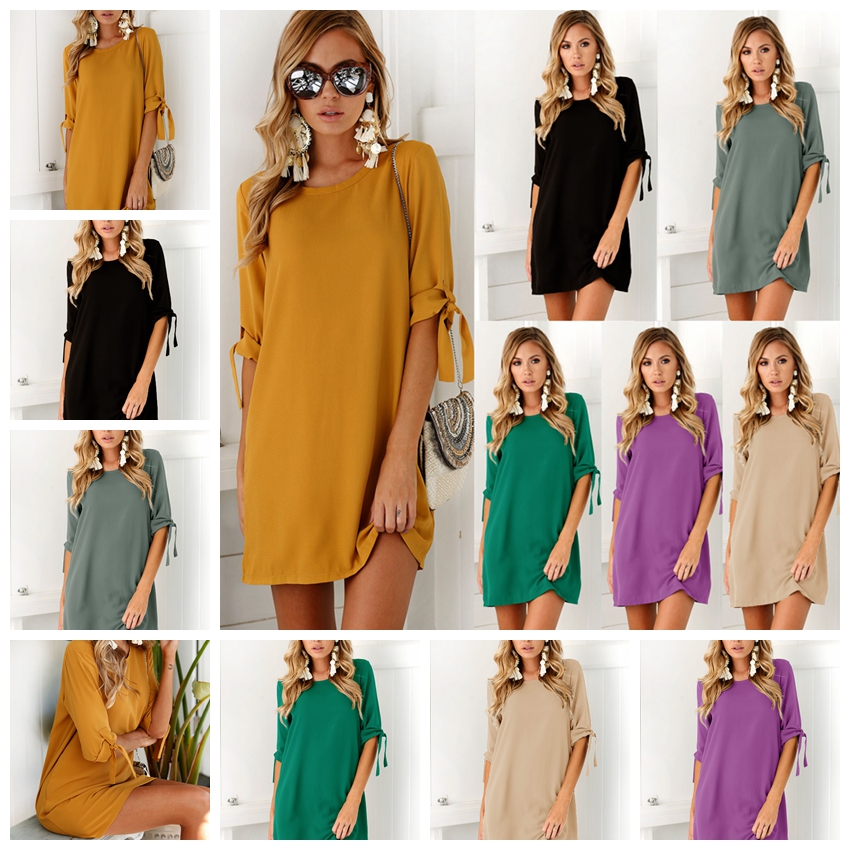 

European Style Elegant Pure Color Sleeve Round Shirt Sleeve Dress Khaki, Orange, Purple, Gray, Green, Black. Support mixed batch