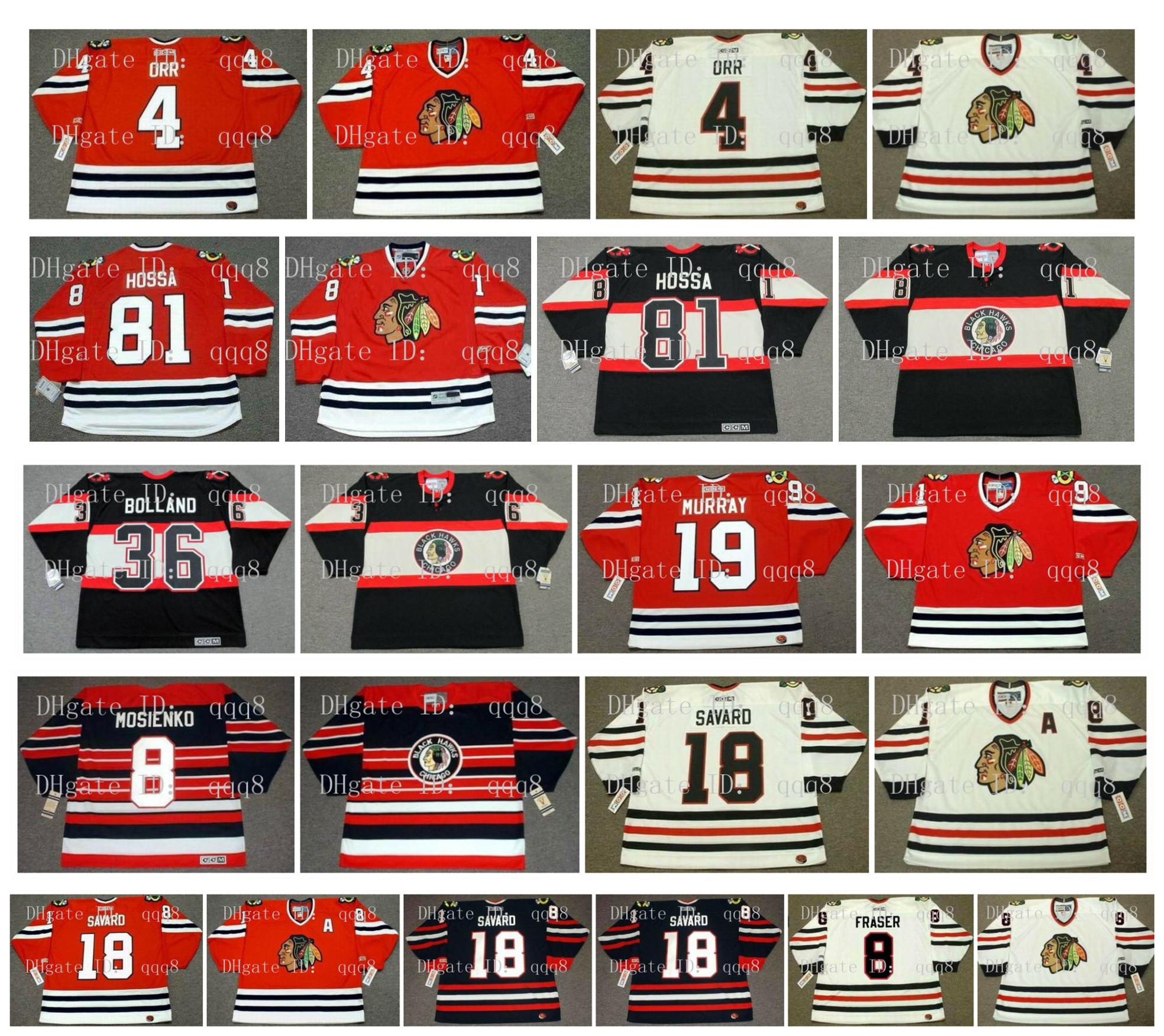 

Vintage Chicago Blackhawks Jersey 4 BOBBY ORR 81 MARIAN HOSSA 36 DAVE BOLLAND 19 TROY MURRAY 8 BILL MOSIENKO 18 DENIS SAVARD 8 FRASER Hockey, As pic