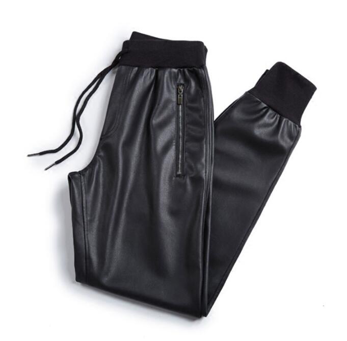 

Black fashion motorcycle faux leather pants mens feet pants Loose personality Elastic waist pu trousers for men pantalon homme, 03