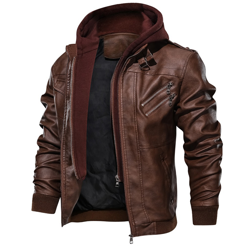 

2020 Men' Jacket Coat Motorcycle Biker Bomber Jacket Man Faux Leather Moto Casual Hooded Zipper Fleece Solid Color Pockets, Coffee