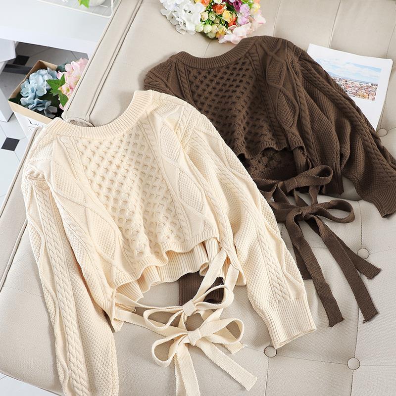 

Autumn Fashion Short Sweaters Women V-Neck Bandage Knitting Flowers Sweaters Female Loose Casual Tops Jumpers, Beige