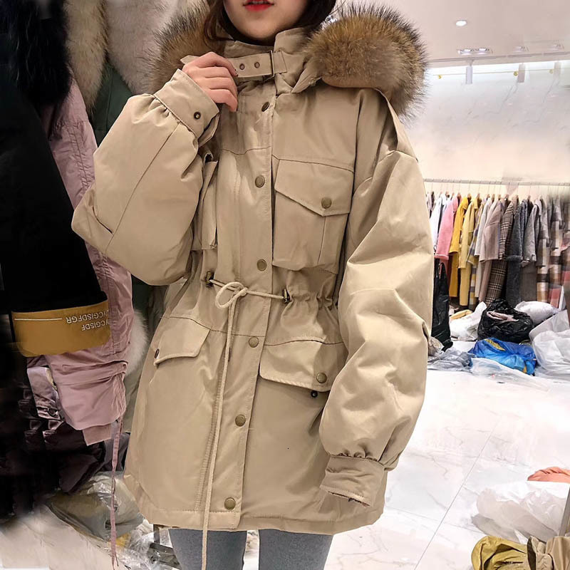 

Leiouna Slim Thick Puffer Long Sleeve Fur Collars Parka 2020 Fashion Jacket Coat Women Hoods White Medium Length Winter Coats