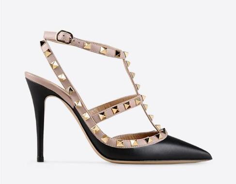 

Hot Sale-Designer Pointed Toe 2-Strap with Studs high heels Patent Leather rivets Sandals Women Shoes valentine high heel Shoes, Black