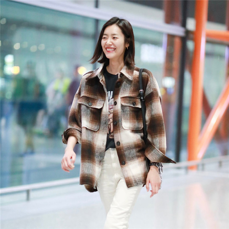 

Loose Fit Spliced Mixed Color Plaid coat fashion brand Long Sleeve Women casual Thin Coat jacket Autumn Winter 2020