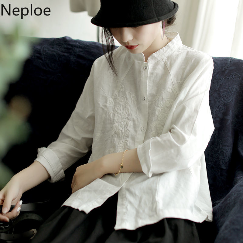 

Neploe Women Cotton Stand Neck Blouse Floral Embroidery Long Sleeve Korean Tops Shirt 2020 Spring Plus Size 4XL Blusas 58549, White