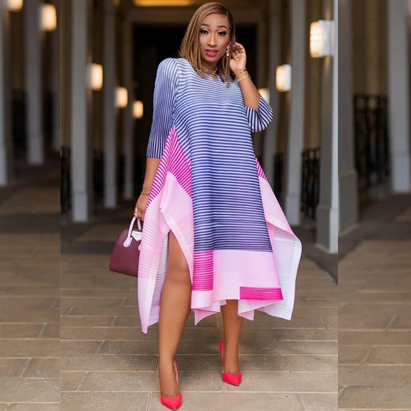 

African Dresses For Women 2020 Elegent Fashion Stripe Style African Women Plus Size Polyester Mid-Calf Dress Africa Clothing