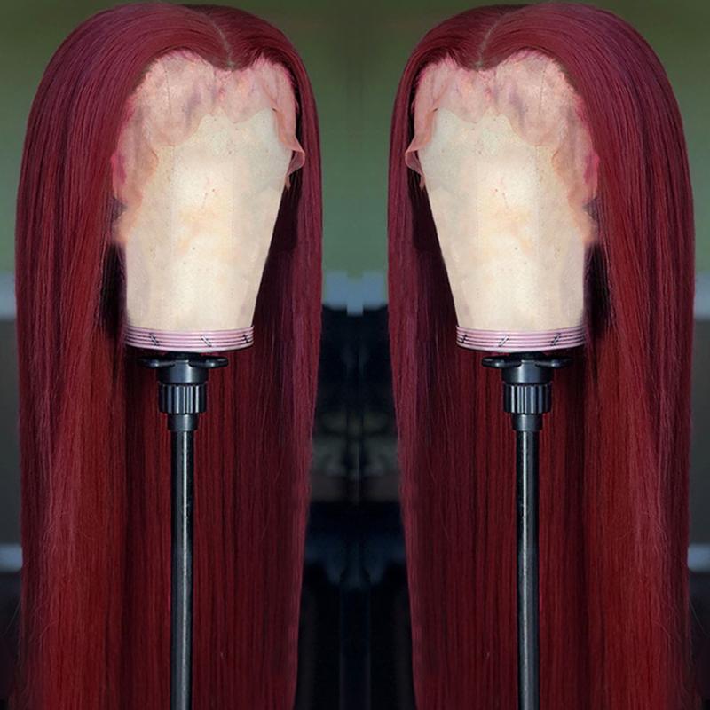 

Burgundy Wine Red Long Straight Synthetic 13*4 Lace Front Wig Heat Resistant Fiber Middle Parting For Women Wig Natural Hairline, As pic