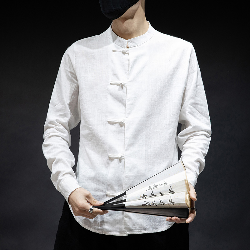 

New Men Long Sleeves Blouse Summer Fashion Casual Men Shirt Baggy Cotton Linen Solid Long Sleeves Retro Top Blouse streetwear, White