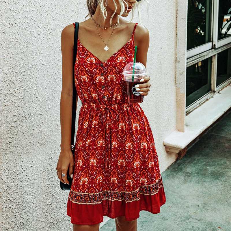 

Women' fashion retro strap print V-neck button elastic waist dress women mini dress 2020 summer sexy beach short vestido, Red