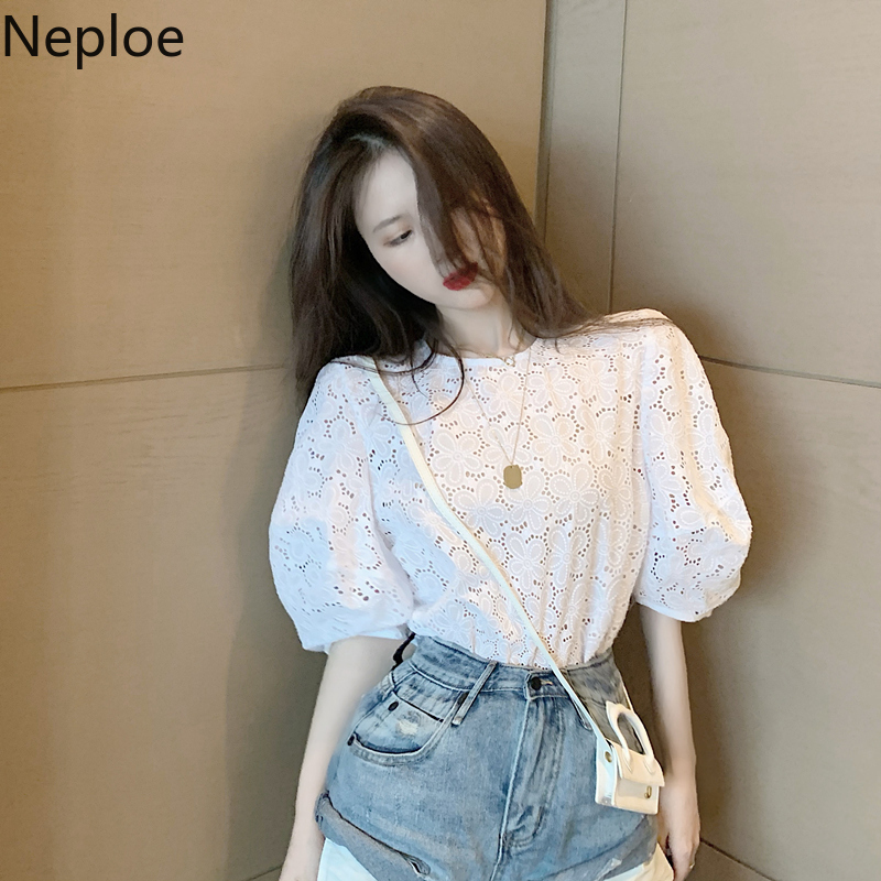 

Neploe Hollow Out Blouse Women Court Style O Neck Short Sleeve Ladies Blusa Shirts Spring 2020 Fashion Casual Female Tops 1D247, White