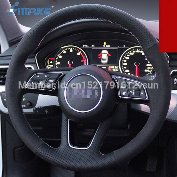 For Audi A4l 2017 High Quality Hand-stitched Anti-Slip Black Leather Black Suede White Thread DIY Steering Wheel Cover-image-444132762