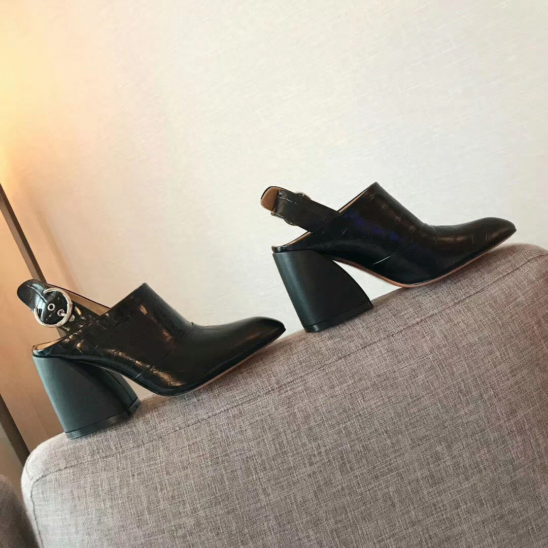 

high quality~2020040801y 40 black white beige sling back chunky heels shoes 9cm calf skin fashion genuine leather, Silver flats