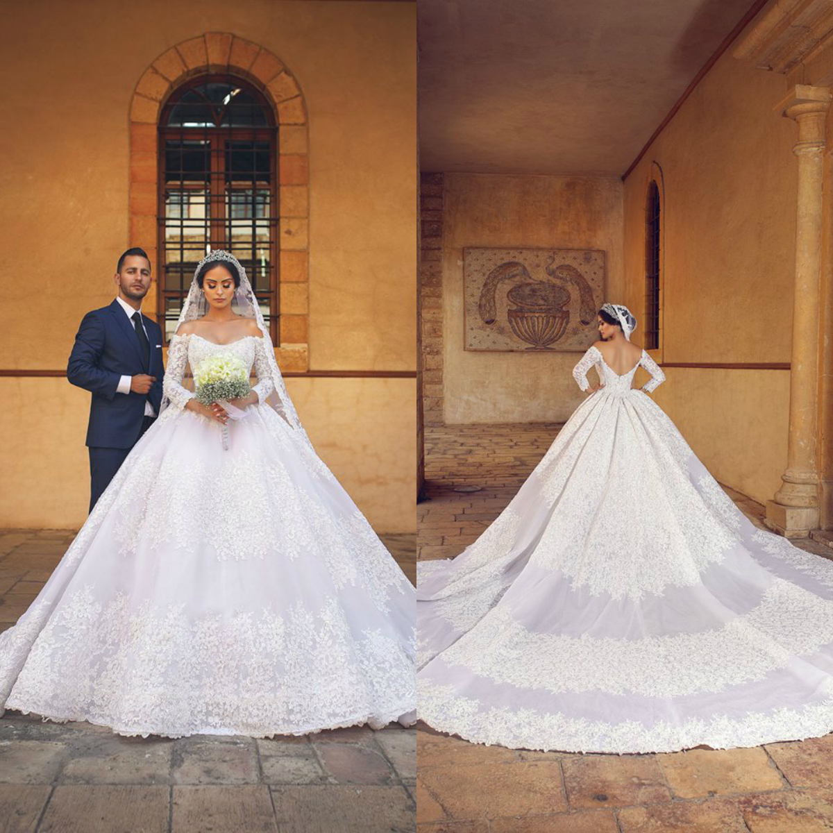 

2020 Lace Ball Gown Wedding Dresses Off The Shoulder Appliqued Modest Long Sleeve Bridal Gowns Custom Made Plus Size Robes De Mariée, Custom made from color chart