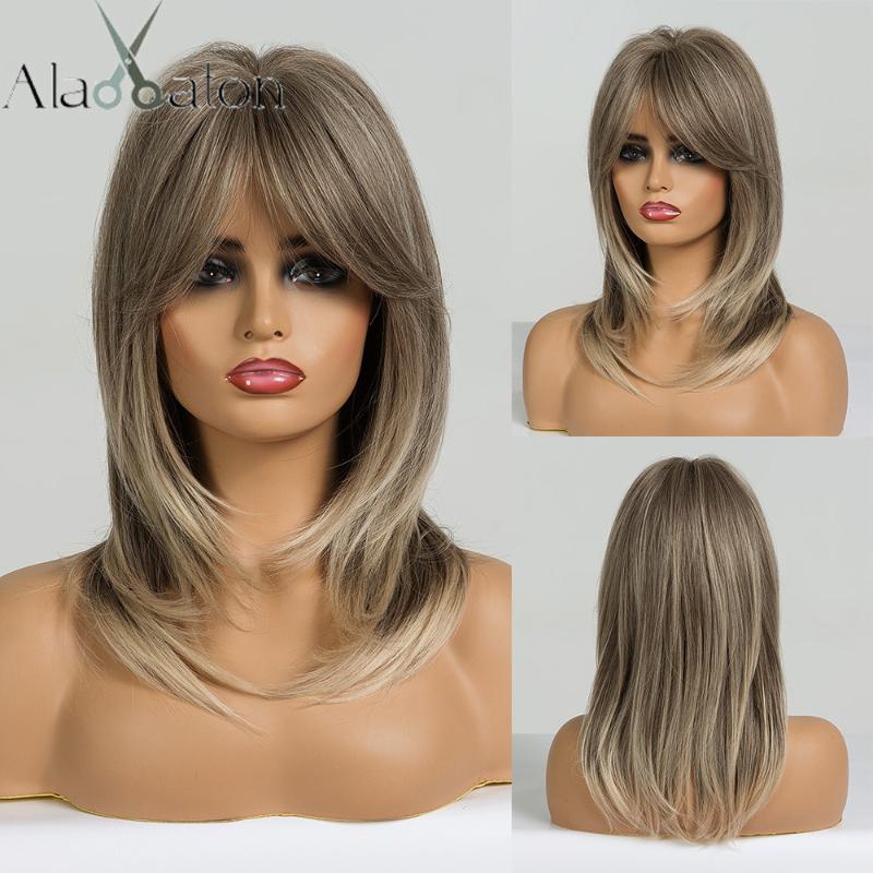 

ALAN EATON Women Light Brown Blonde Medium Length Layered Wavy Synthetic Hair Wigs with Bangs Cosplay Wig Heat Resistant Fiber, Lc167-1