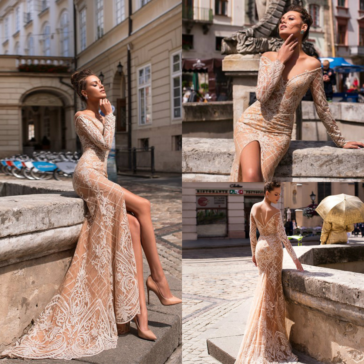 

Fashion Champagne Mermaid Wedding Dresses Off Shoulder Lace Appliqued Beads Beach Wedding Gowns Long Sleeve Front Split Modest Bridal Dress, Chocolate