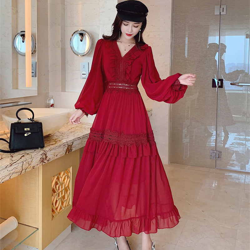 

Women Lace Trims Patchwork Ruffles Chiffon Dress 2020 Spring Boho Elegant Long Lantern Dress V-neck Retro Holiday Long, Black