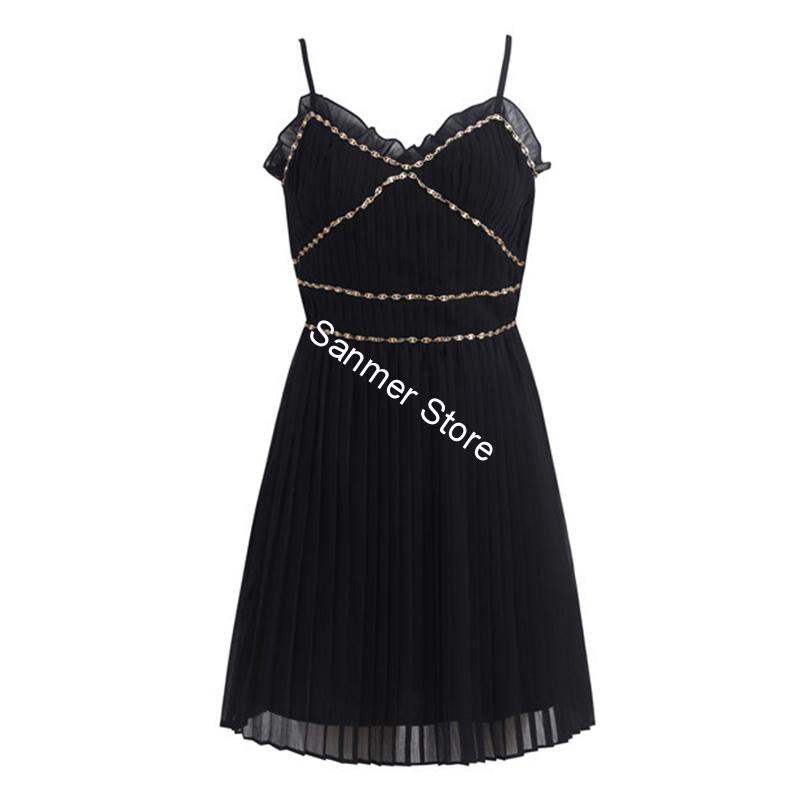 

Spring and Summer Women Pleated Mini Dress Black Color Spaghetti Strap V-neck Beadings Sleeveless Sexy Short Dress, As show picture