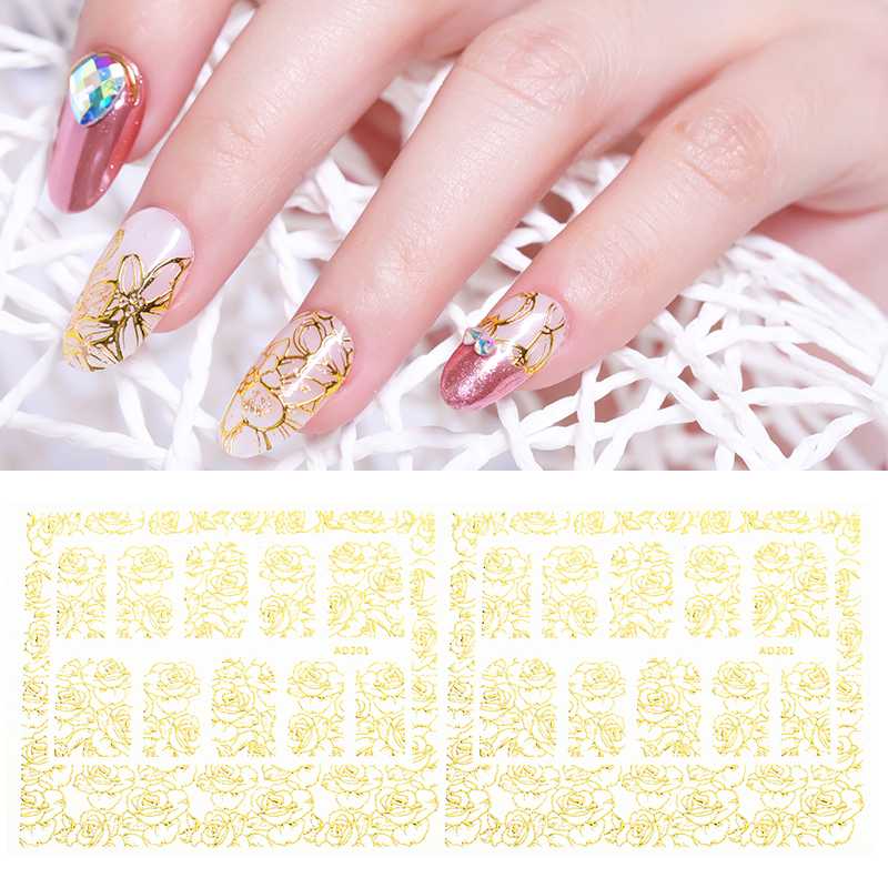

1 PC Gold Nail Stickers Paper Long Lasting Flower Plants Vine Design 3D Nail Decals Art Beauty Decorations DIY Tool, 04