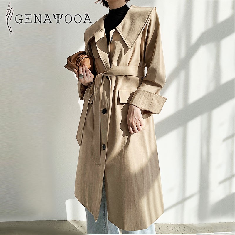 

Genayooa Trench Coat For Women Cotton High Quality Single Breasted 2020 Autumn Long Coat Korean Style Windbreaker Lapel, Blue