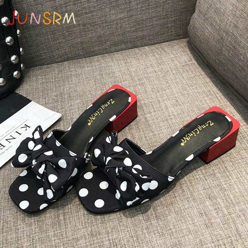 

JUNSRM Women Peep Toe Casual Bow Knot Pot Square Heels Summer Slipper Slip on Breathable Beach Summer Sandals Shoes, Black