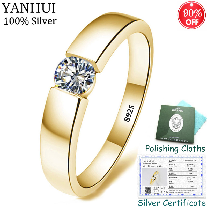 

YANHUI 100% Original 925 Solid Silver Gold Plating Engagement Wedding Rings with Cubic Zirconia Fine Jewelry for Men Women R16