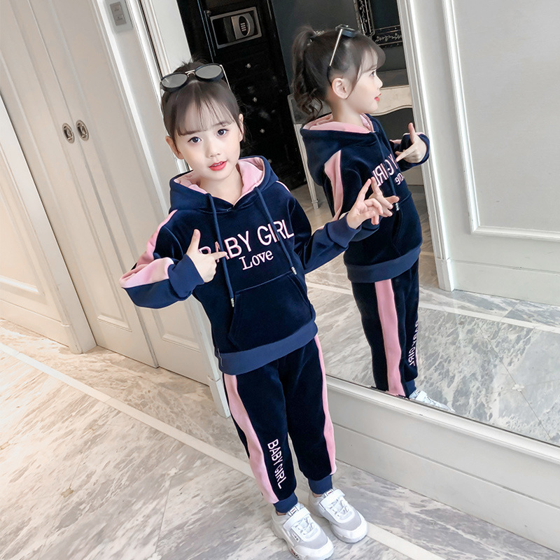 

Girls Velvet Suits Winter Thicken Hoodies Two-Piece Clothes Set 8 10 12 years, Black