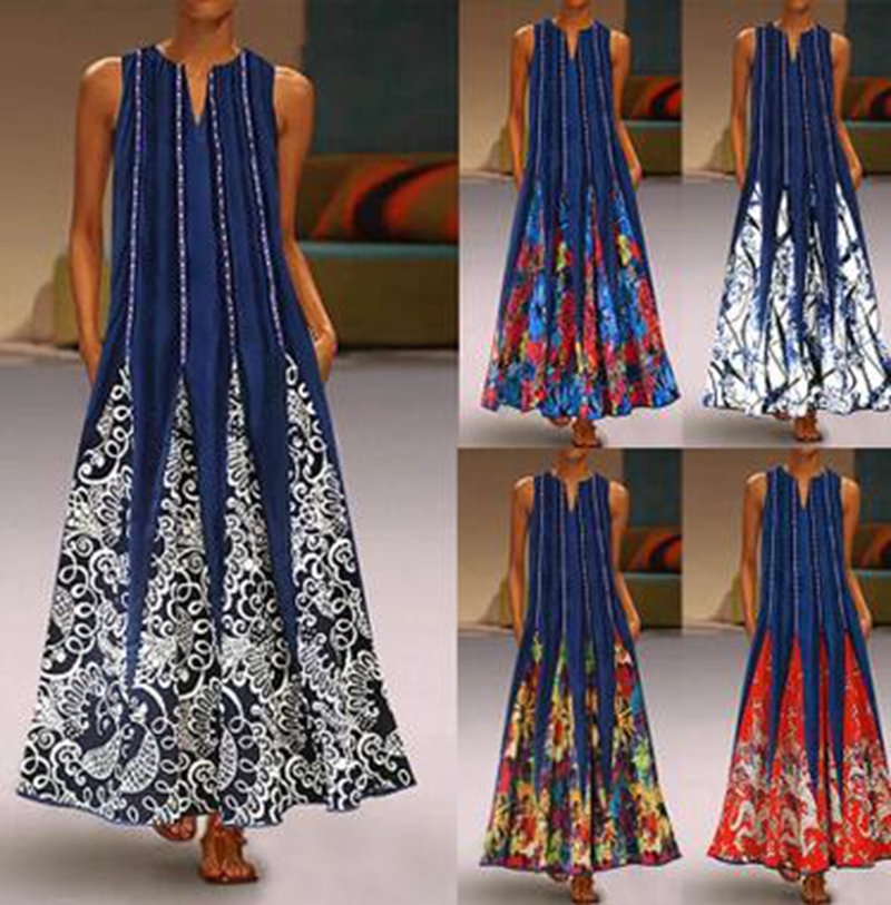 

Wholesale Women Explosion Retro Print Dress V-Neck Sleeveless Pocket Summer Dress, Blue
